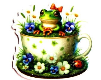 Frog, Teacup, Flowers, Garden, Needle Minder, Cross Stitch, Needle, Stitching, Sewing, Embroidery