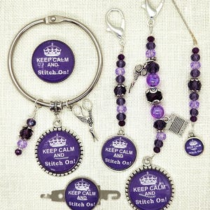 Keep, Calm, Stitch On, Purple, Cross Stitch, Scissor Fob, Needle Minder, Floss Ring, Threader, Zipper Pull, Frogger, Stitching, Sewing