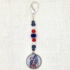 Girl holding, American, Flags, Patriotic, Cabochon, Mini Fob, Zipper Pull, Bag, Fob, Scissors, Lanyard, Cross Stitch, Stitching