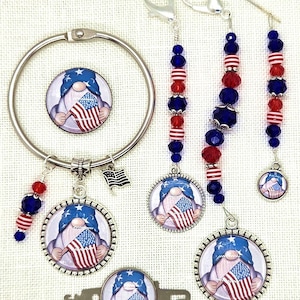 Gnome, American, Flag, Patriotic, Cross Stitch, Scissor Fob, Needle Minder, Floss Ring, Threader, Zipper Pull, Frogger, Stitching, Sewing