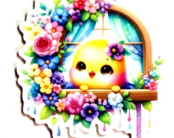 1 Dollar CLEARANCE, Chick, Window, Flowers, Needle Minder, Cross Stitch, Needle, Stitching, Sewing, Embroidery