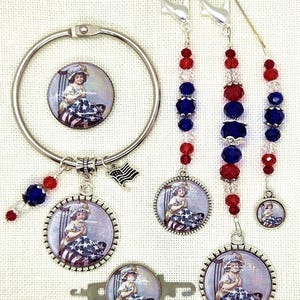 Girl Sewing, Flag, Patriotic, America, Cross Stitch, Scissor Fob, Needle Minder, Floss Ring, Threader, Zipper Pull, Frogger, Stitching, Sew