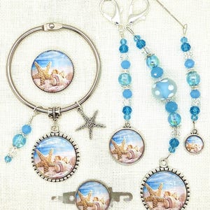 Beach, Ocean, Shells, Sand, Cross Stitch, Scissor Fob, Needle Minder, Floss Ring, Threader, Zipper Pull, Frogger, Stitching, Sewing