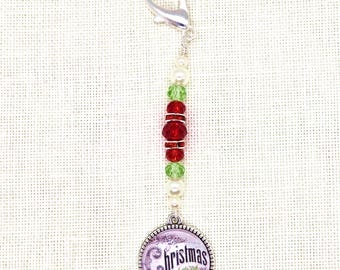 Christmas, Vintage, Flower, Holly, Cabochon, Mini Fob, Zipper Pull, Bag, Fob, Scissors, Lanyard, Cross Stitch, Stitching
