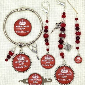 Keep, Calm, Stitch On, Red, Cross Stitch, Scissor Fob, Needle Minder, Floss Ring, Threader, Zipper Pull, Frogger, Stitching, Sewing