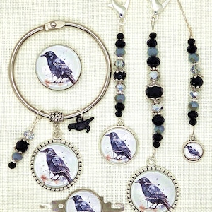 Crow, Raven, Bird, Halloween, Cross Stitch, Scissor Fob, Needle Minder, Floss Ring, Threader, Zipper Pull, Frogger, Stitching, Sewing