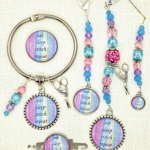 Eat, Sleep, Stitch, Repeat, Cross Stitch, Scissor Fob, Needle Minder, Floss Ring, Threader, Zipper Pull, Frogger, Stitching, Sewing