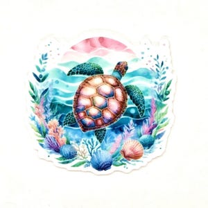 May include: A watercolor sticker featuring a sea turtle swimming in the ocean. The turtle has a brown and pink shell, with green flippers and head. The background includes blue waves, pink and blue sky, and colorful coral and seashells.