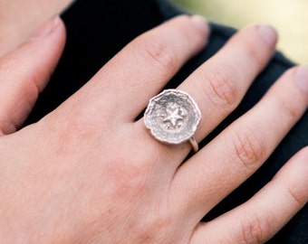 St Silver Button Ring ,Seed Ring , Star Ring , Organic Nature Ring , Texture Ring  Circle Ring , erling Silver Round Ring ,