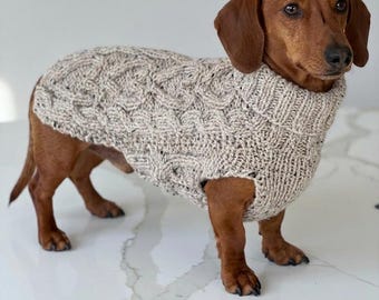 12” Handmade Cable Knit Dachshund Sweater: Wool Blend, Heart Motif, Ribbed Turtleneck