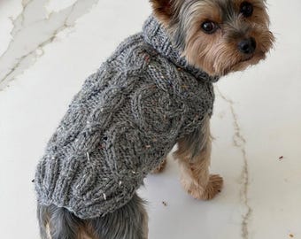 10” Knitted Dog Sweater: Tweed Yarn Heart Pattern, Small Dog Apparel
