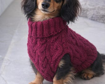 15” Hand Knitted Dachshund Sweater: Cranberry Red Cable Knit, Wool Mix, Length