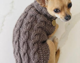 12” Hand Knitted Dog Jumper, Grey Tweed Wool Blend Cable Knit Sweater