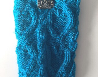 Hand Knitted Aran Dog Coat, Petrol Blue Loveheart Design (9-10 inch)
