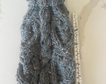 10 inch Hand Knit Dog Sweater, Grey Wool Blend, Cable Jumper, Small Dog Apparel