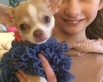 Hand Knitted Tiny loopy knit Chihuahua Dog Coat/ Jumper, Turquoise Glitter Yarn,
