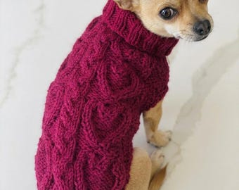 12” Hand-Knitted Chihuahua  Coat, Stretchy Knit Dog Sweater,  Love Heart Pattern
