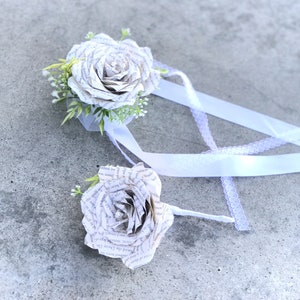 Book Page Paper Rose Boutonniere & corsage - Pin on or wrist corsage - Customizable stem colors