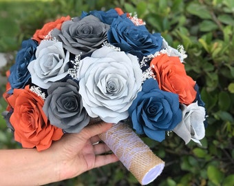 Cascading Teardrop Bridal Bouquet in Burnt Orange, Navy blue and Shades of Gray Paper Roses - Customizable colors