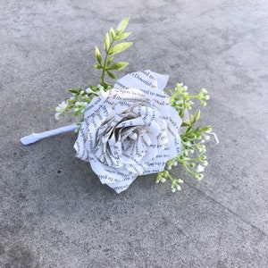 Book Page Paper Rose Boutonniere or corsage- Customizable stem colors