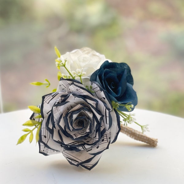 Music note paper rose boutonniere shown in navy blue - Customizable colors