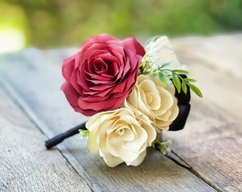 Burgundy and Ivory Paper Flower Corsage - Pin On Corsage - Customizable colors