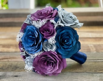 Dragon bouquet shown in plum, navy blue and silver paper flowers - Customizable colors