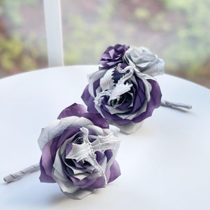 Dragon boutonnière - Paper flower wedding boutonniere in silver and plum - customizable colors