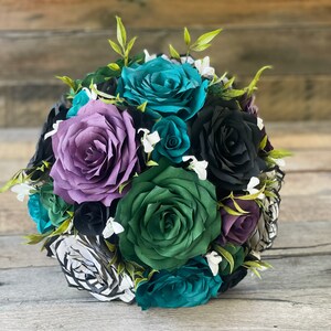 Wedding bouquet shown in plum, green, and black, paper filter flowers with black-tipped book page roses - Color can be customized image 7