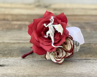 Dragon Boutonnière shown in burgundy - Paper flower boutonniere - Customizable colors