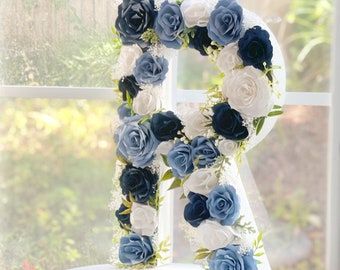 Paper Flower Letter or Number in Navy and Dust Blue - Wedding Initial - Nursery decor - Customizable colors