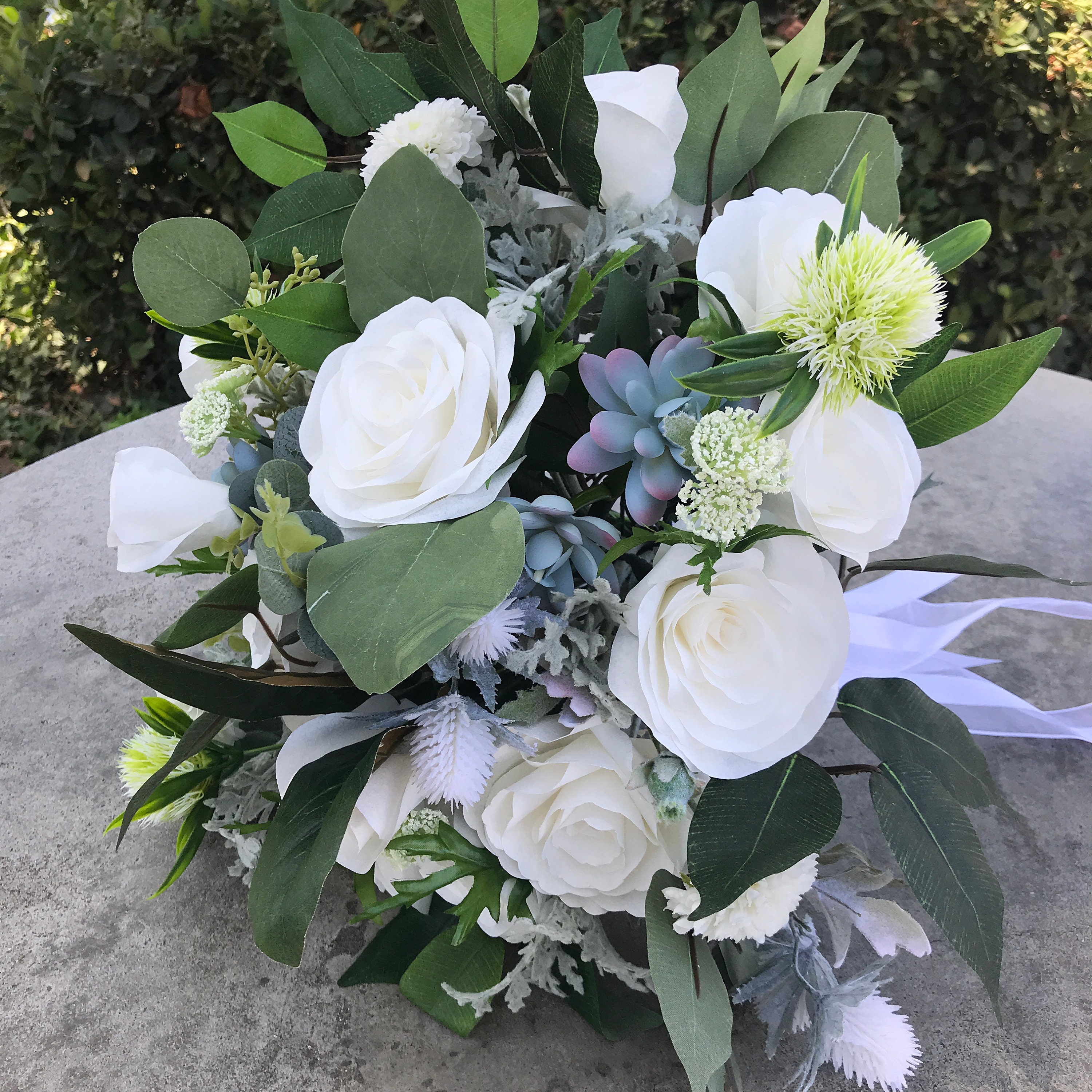 White Paper Flower Bridal Bouquet With Silk Greenery, Customizable White Paper Flower Bridal Bouquet With Silk Greenery, Customizable