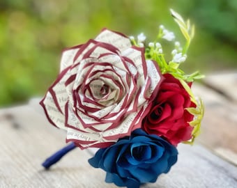 Book Page Paper Rose Boutonniere - Colors can be customized