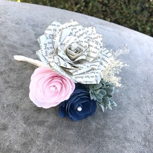 Book Page Paper Corsage or Boutonniere Customizable colors to suit your event Blush & navy blue