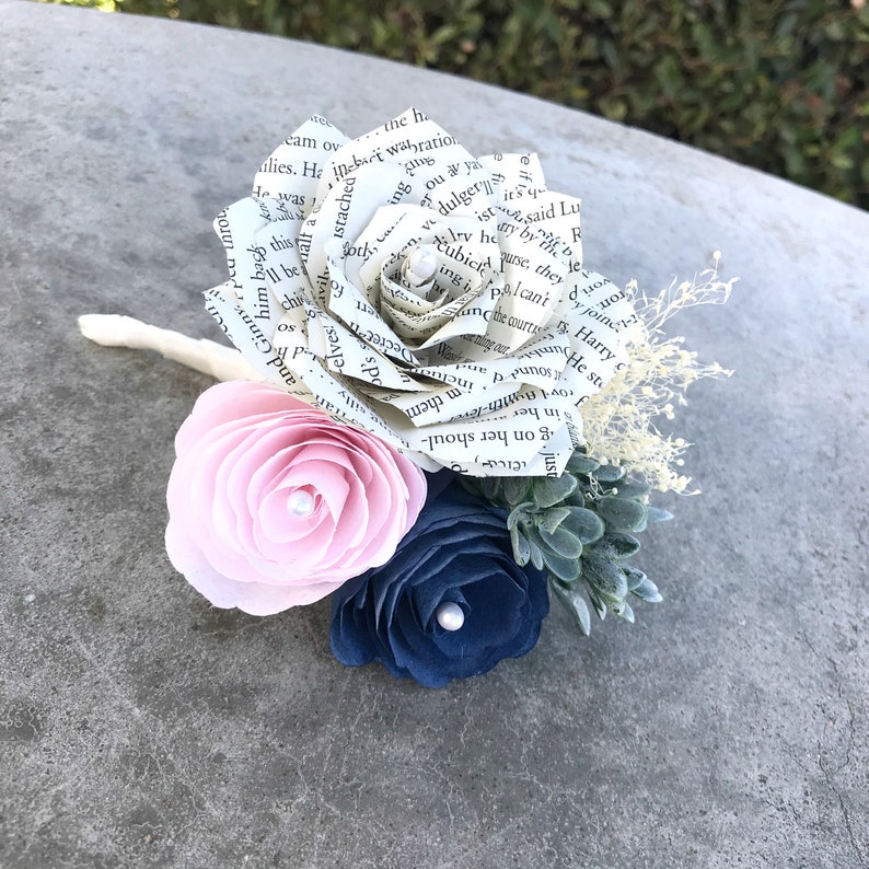 Book Page Paper Corsage or Boutonniere Customizable colors to suit your event Blush & navy blue