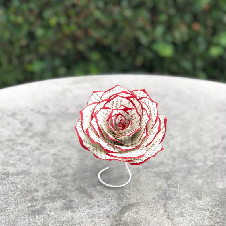 Book Page Rose  3 or 5 inch Paper Book Flowers  Choose Tip Red tips
