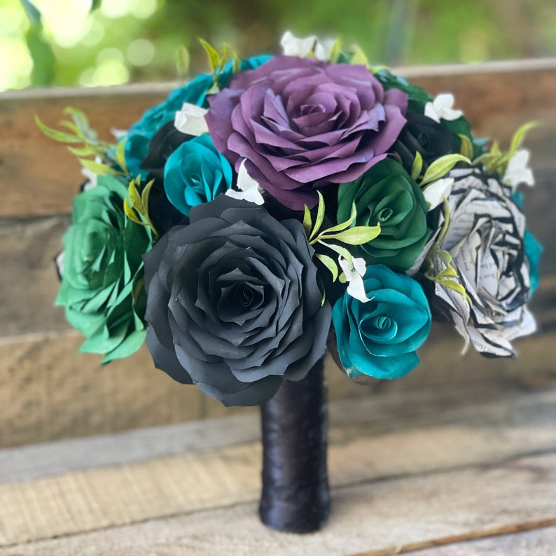 Wedding bouquet shown in plum, green, and black, paper filter flowers with black-tipped book page roses - Color can be customized image 6