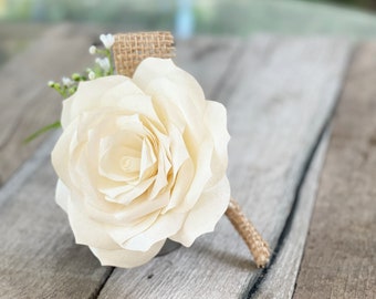 Paper Flower & Burlap Boutonniere - Shown in ivory - Customizable colors