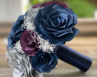 Bridal bouquet in navy blue, plum and silver paper roses - Customizable colors