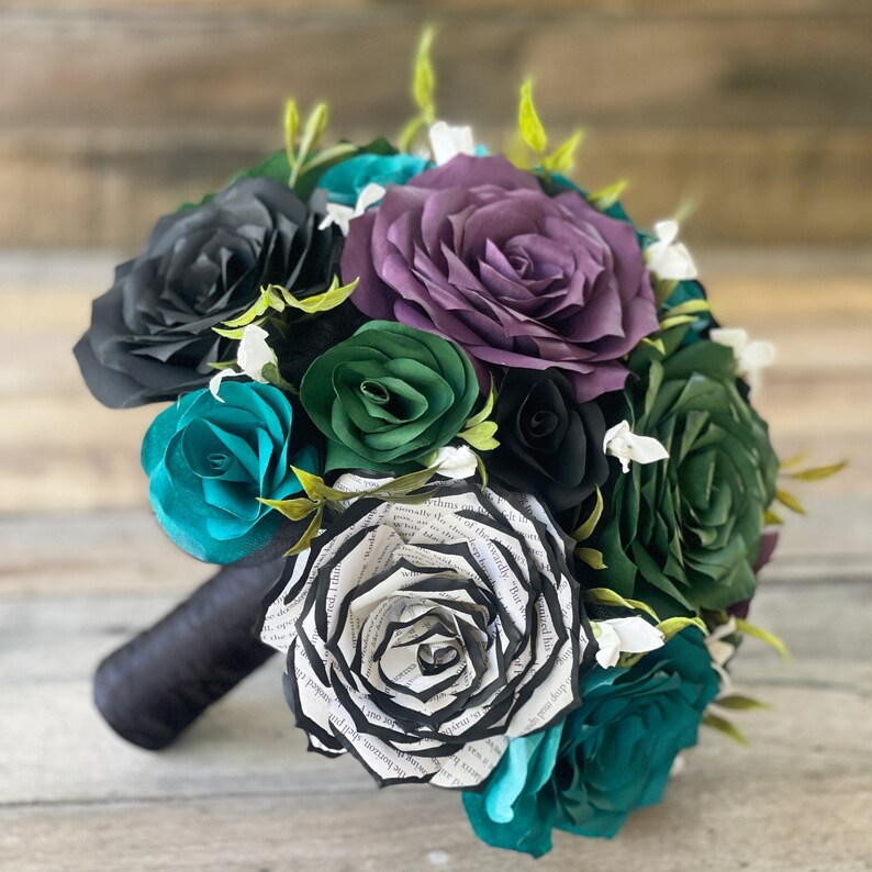 Wedding bouquet shown in plum, green, and black, paper filter flowers with black-tipped book page roses - Color can be customized image 3