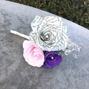 Book Page Paper Corsage or Boutonniere Customizable colors to suit your event Blush & purple