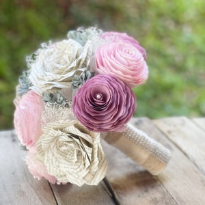 Peony and book page paper bridal bouquet - Customizable colors
