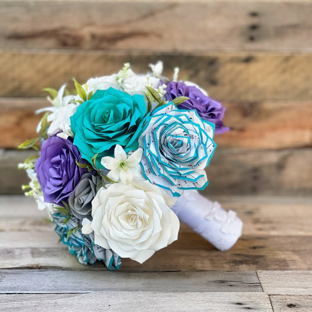 Teal Purple White Music Note Paper Flower Bridal Bouquet, Customizable ...