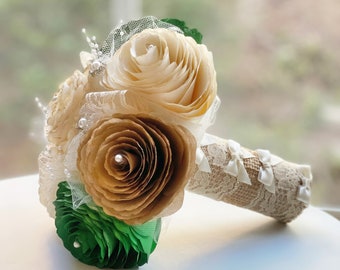 Bouquet shown in green, gold and ivory paper flowers - Customizable colors