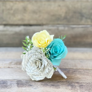 Book Page Paper Rose Boutonniere with yellow and ocean blue accents - Colors can be customized