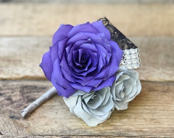 Paper Flower Rhinestone & Lace Boutonniere - Wedding boutonniere - Customizable colors