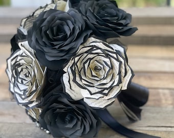 Black and white book page and filter paper rose bridal bouquet - Colors can be customized