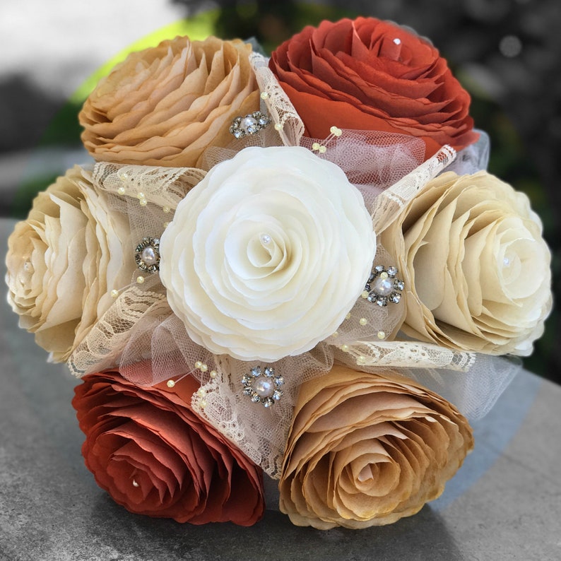 Bouquet shown in burnt orange champagne gold and ivory paper Etsy