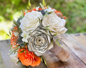 Orange, gray and white filter paper flowers with tipped book page rose bouquet - colors are customizable