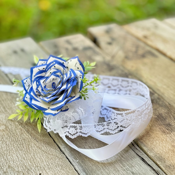 Music note paper rose corsage shown in blue - Customizable colors